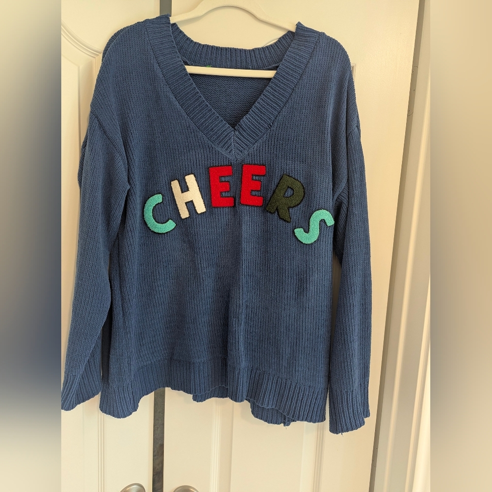 Blue V-Neck Sweater with 'CHEERS' Design